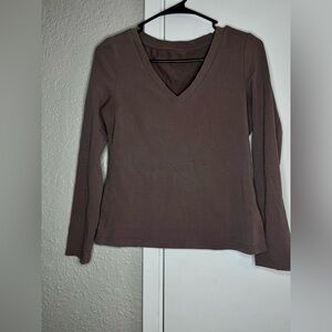 Brown long sleeve v neck top.